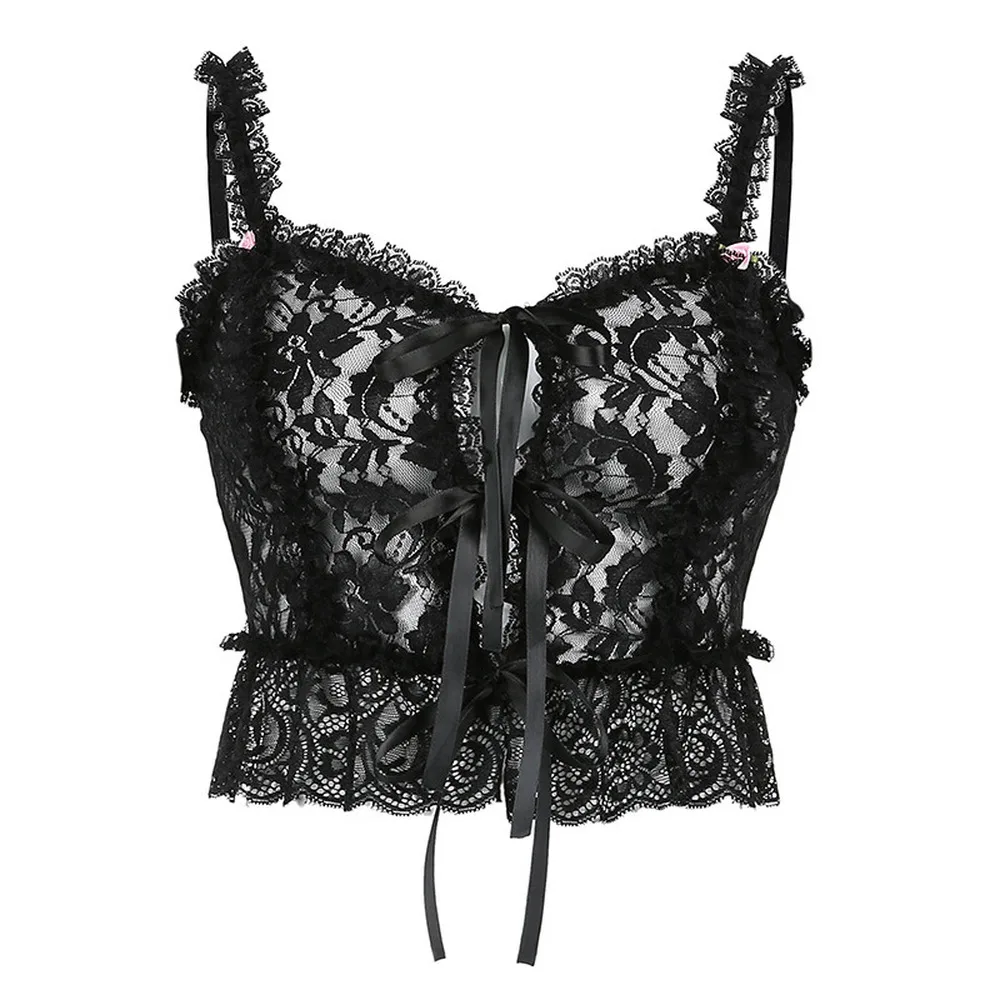 

Goth Dark Lace Sexy Gothic See Through Camis Black Mall Goth E-Girl Ruffles Crop Tops Women Backless Sleeveless Bandage Clothes