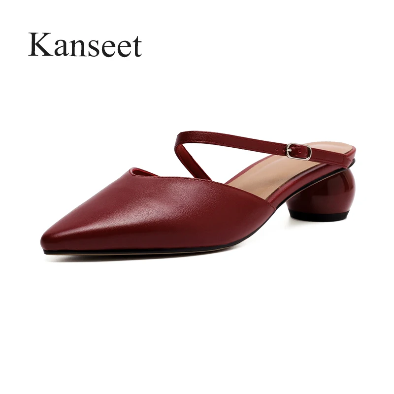 

Kanseet Round Heels Women Shoes 2021 Summer Cow Leather Slippers Elegant Pointed Toe Handmade Comfort Buckle Mid Heels Shoes 40
