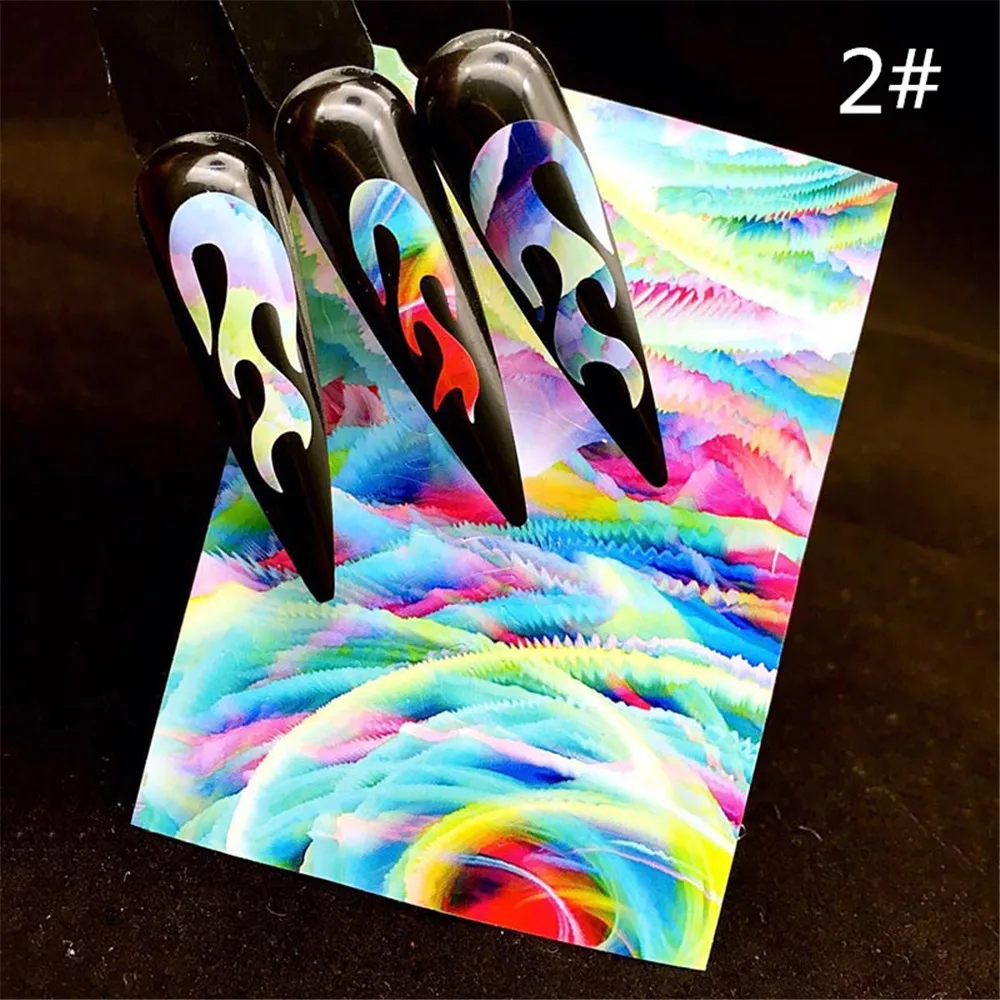 Hot Holographic Colorful Nail Foil Flame Holo Nail Art Transfer Self Adhesive Flame Nail Decals Slide Nail Art Decals