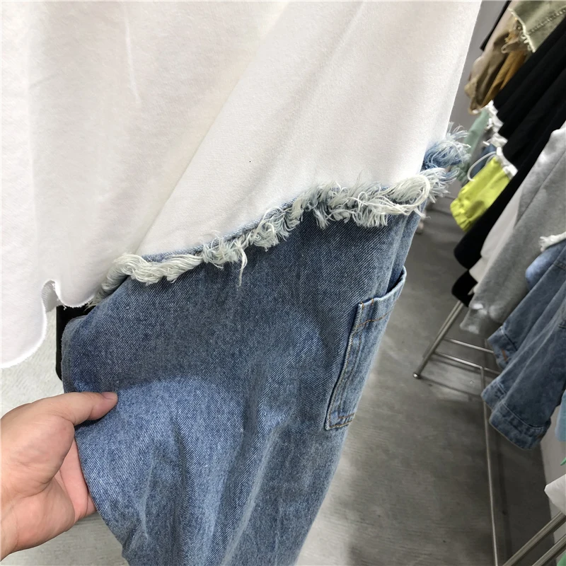 

2020 Spring Summer New Pattern Round Collar Long Sleeve Denim Patchwork Pullovers Streetwear Sweatshirt Women large size