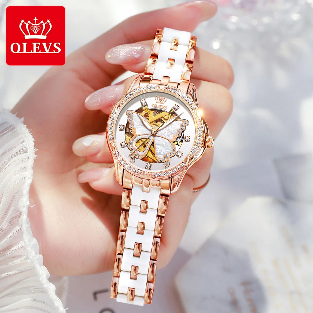 Genuine OLEVS Automatic Mechanical Watch for Women Skeleton Switzerland Luxury Brand Ladies Wrist Watch Wedding Gift For Female