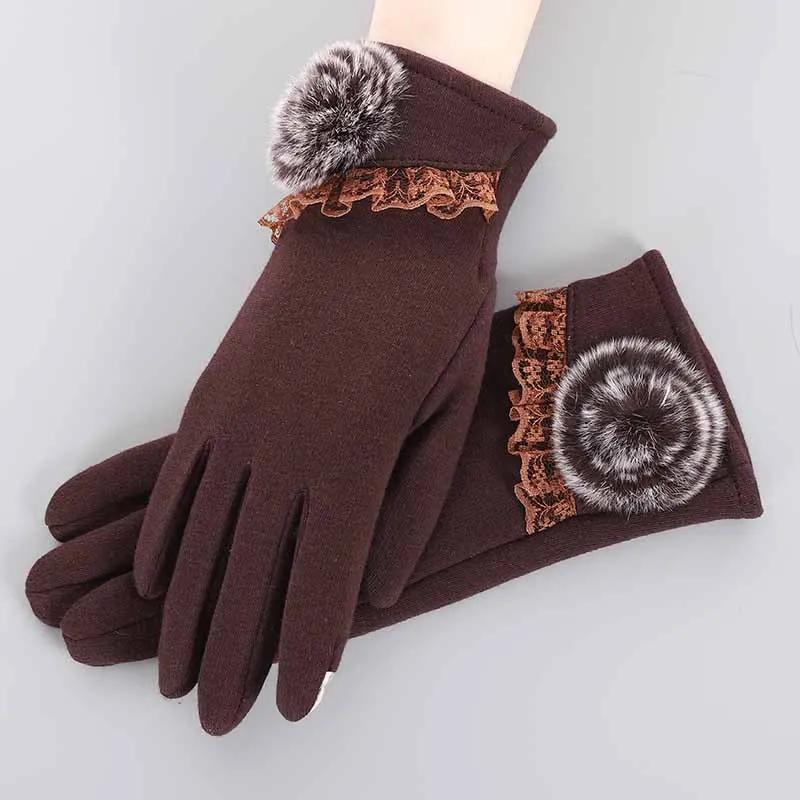 Lace Brown--Velvet Зимние женские перчатки, ручные варежки для женщин, шерстяные женские вязаные кашемировые наручные перчатки Luva, перчатки для вождения автомобиля, перчатки для сенсорного экрана - Цвет: Lace Brown--Velvet