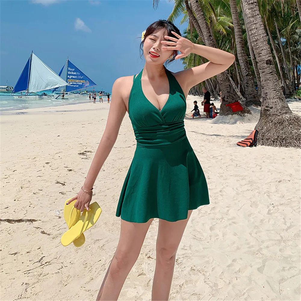 Корейский цельный купальный костюм Женская однотонная купальная одежда