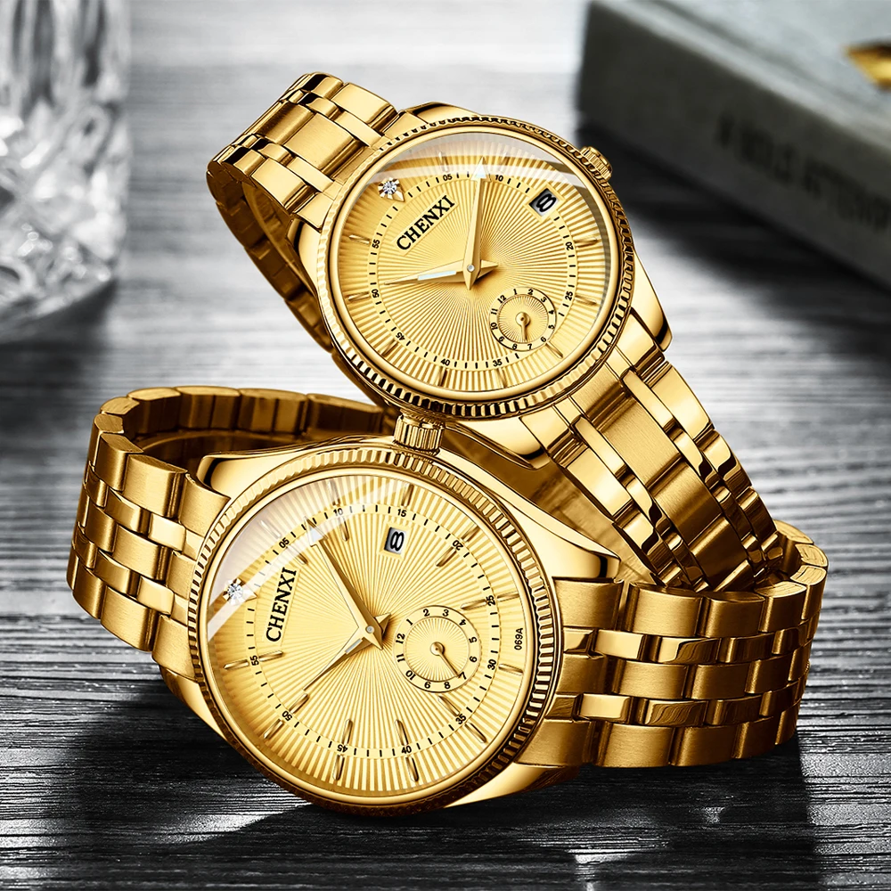 

Светящиеся часы, золотые роскошные мужские водонепроницаемые кварцевые наручные часы из нержавеющей стали, деловые часы для женщин, дата, ...