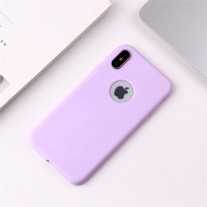 Purple Чехол конфетного цвета с отверстием для iphone 7, 8, 6, 6s Plus, X, XS, MAX, XR, 10, милая девушка, матовый Мягкий силиконовый чехол для телефона - Цвет: Purple