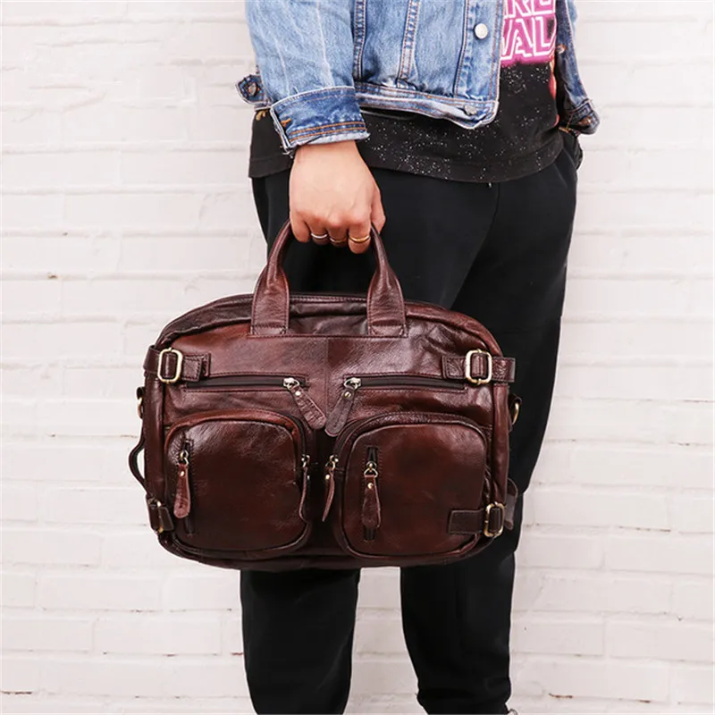 Retro fashion desig natural real leather men business portable coffee briefcase outdoor large-capacity multifunctional backpack