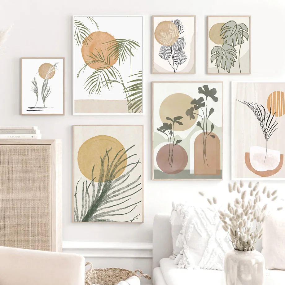 Boho Monstera бамбуковый лист солнце абстрактная настенная Картина на холсте