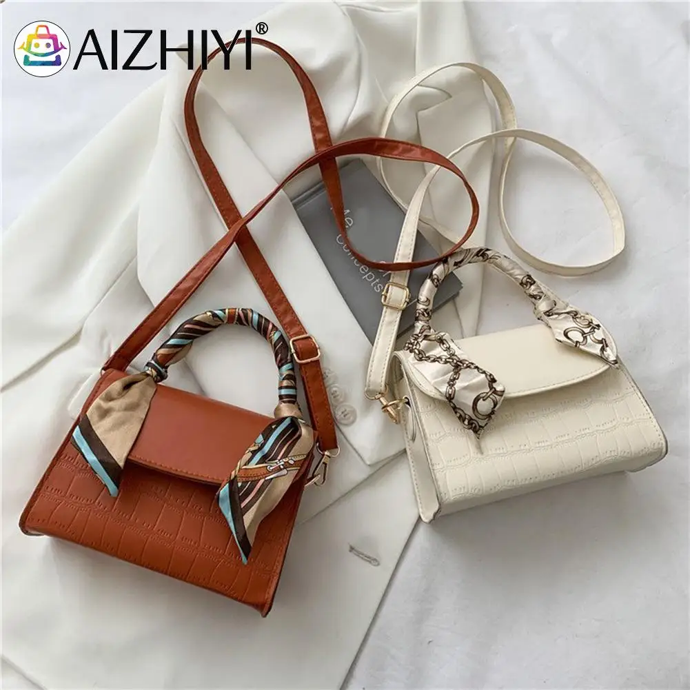 

Женская шелковая сумка-мессенджер с шарфом, однотонная сумка с верхней ручкой и рисунком аллигатора, Сумочка через плечо на одно плечо