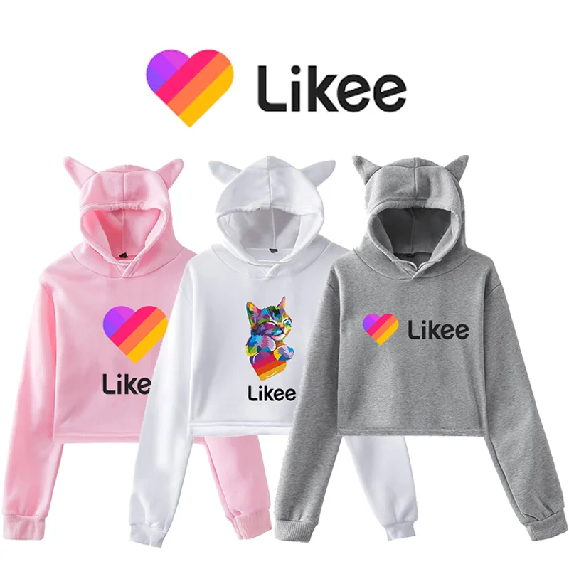 

Likee App Hoodies Women LIKEE Crop Top Hoodie Short Sweate Cat Ear Pink Style Coat Female Rainbow Print Sweatshirt Trendy