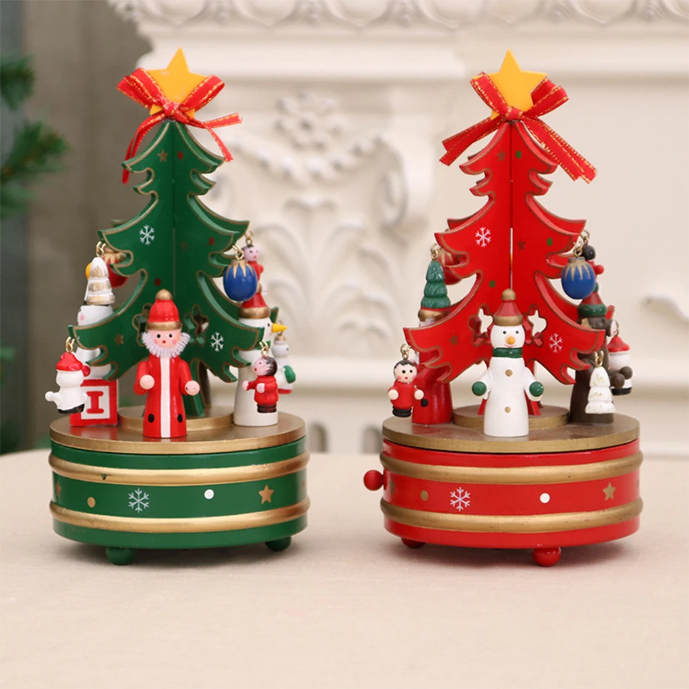 

Wooden Christmas Tree Figurine with Musicbox Decoration Desktop Spinning Musical Box Toy for Children Birthday Christmas Gift