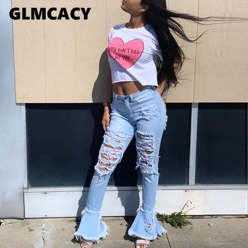 3 Colors Women Ripped Denim Bell Bottom Bodycon Jeans Slim Fit Solid Blue Distressed Pants ( No Stretch ) | Женская одежда