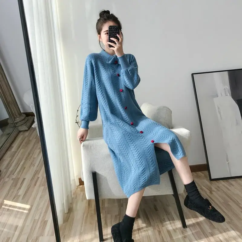 

2021 New Spring Autumn Women Sweet Style Fashion Designer Knitted Dress Solid Bow Neck Buttons Straight Loose Sweater Dress