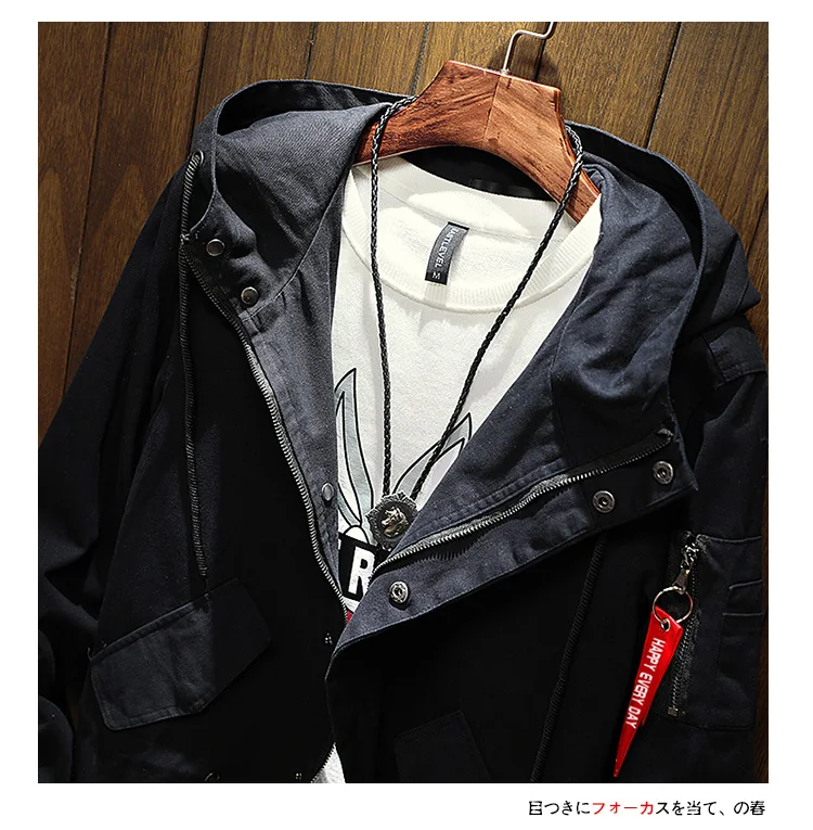 

Long Trench Coat Jacket Men Cotton Autumn Spring Black Hip Hop Japanese Coats Men's Hooded Army Green Casual Jackets 2021