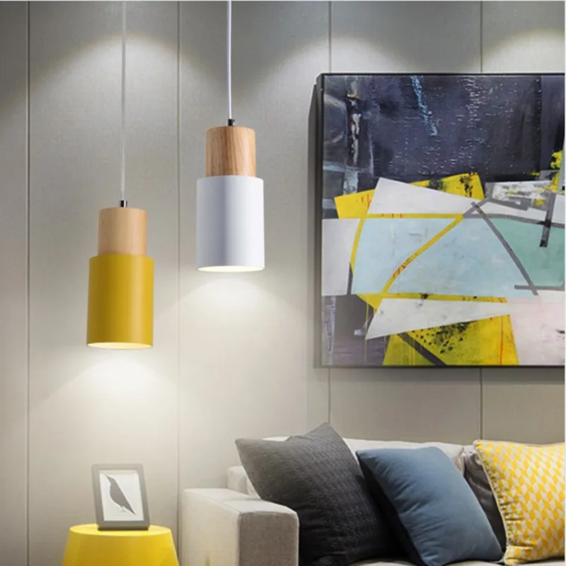 

Led Designer Nordic simple Wood Pendant Lights led hang lamp Colorful Aluminum fixture Kitchen Island bar hotel home decor E14