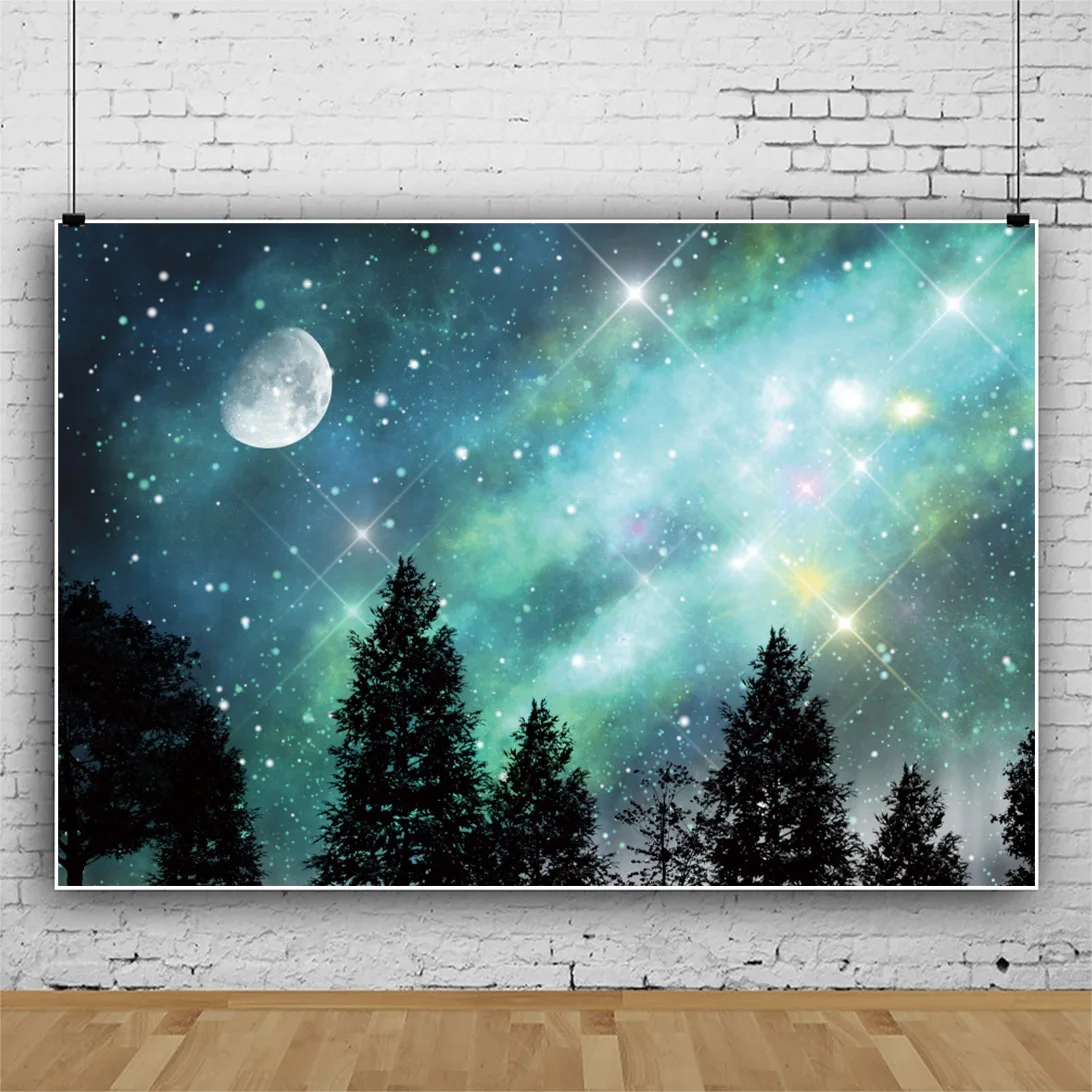 

Laeacco Dreamy Starry Dark Night Scenic Forest Nature View Shiny Moon Banner Photo Background Backdrop For Photography Photocall