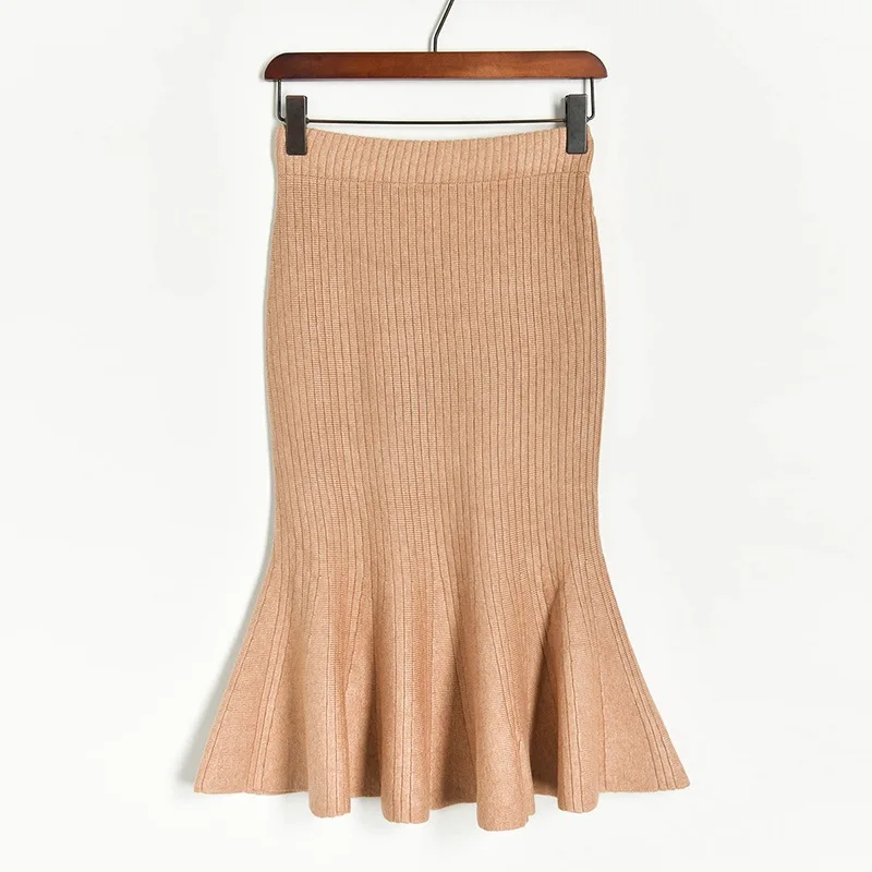 

Fish Tail Midi Long Sweater Skirt 2019 Autumn Winter Women Knitted Mermaid Skirt Vintage Slim High Waist Skirt Black/Khaki P-386