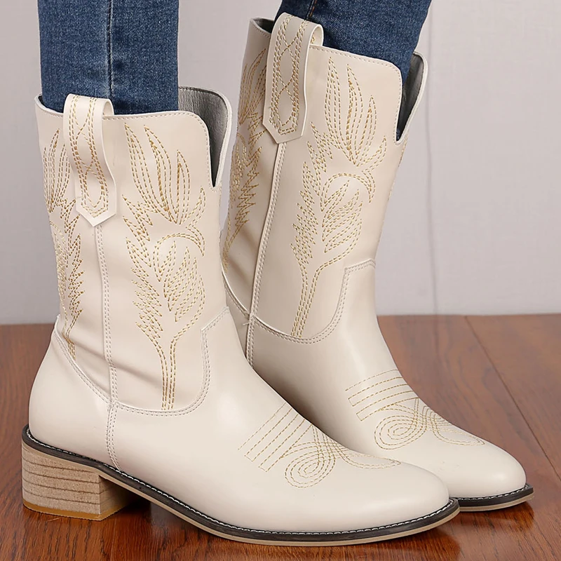 Women's Winter Boots Fashion Leather Embroidered Western Warm Short Boots Round head Party Office Boots Mujer 35-41