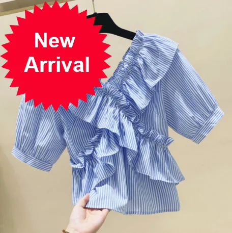 

Striped V-neck Ruffled Short Sleeve Puff Sleeve Shirt Women's 2020 Summer Loose Blue Striped Shirt Ladies Crop Top Blusas