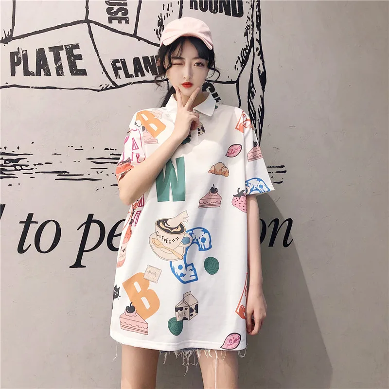 Длинные Топы женские рубашки поло лето 2020 Корейская с буквенным принтом