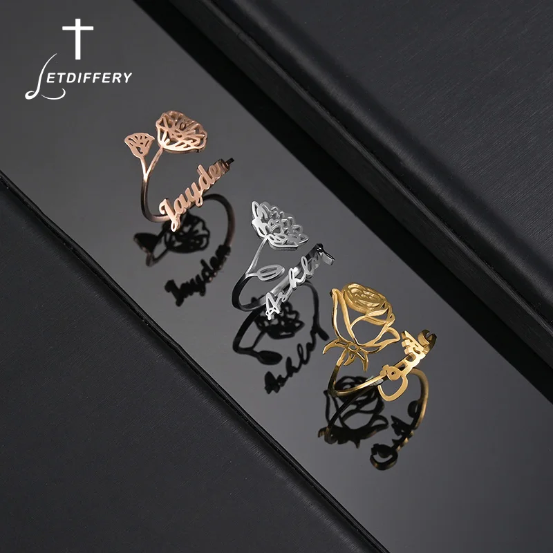 Letdiffery Custom 12 Style Flower Name Ring Stainless Steel For Women BirthDay Flower Personalized Name Open Rings Jewelry Gifts
