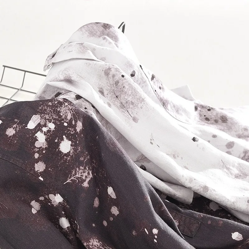 

Vintage Printing Linen Shirts Men Summer Stand Collar Half Sleeve Shirts Street Black White Casual Loose Single Breasted Tops