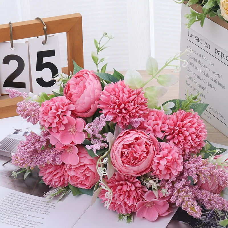 

Artificial Flowers Vintage Silk Peony Bouquet Wheat Ears Mixed Floral Wedding Bridal Handheld Fake Flowers Home Party Decoration