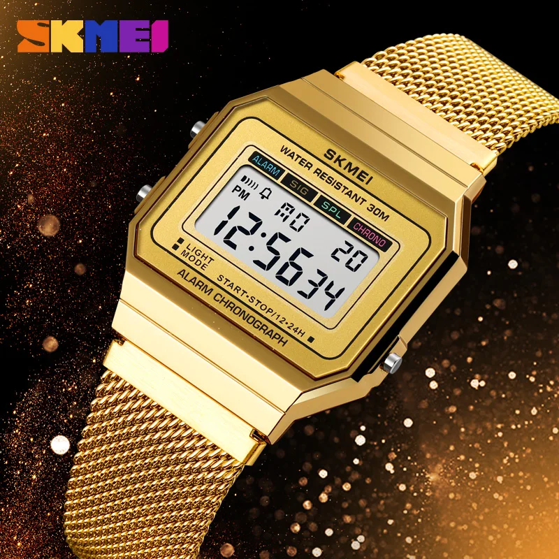 

SKMEI Brand Watch Fashion Digital Watch Luxury Gold Mesh Belt Wristwatch LED Light Stopwatch Clock Men's Watches 30M Waterproof