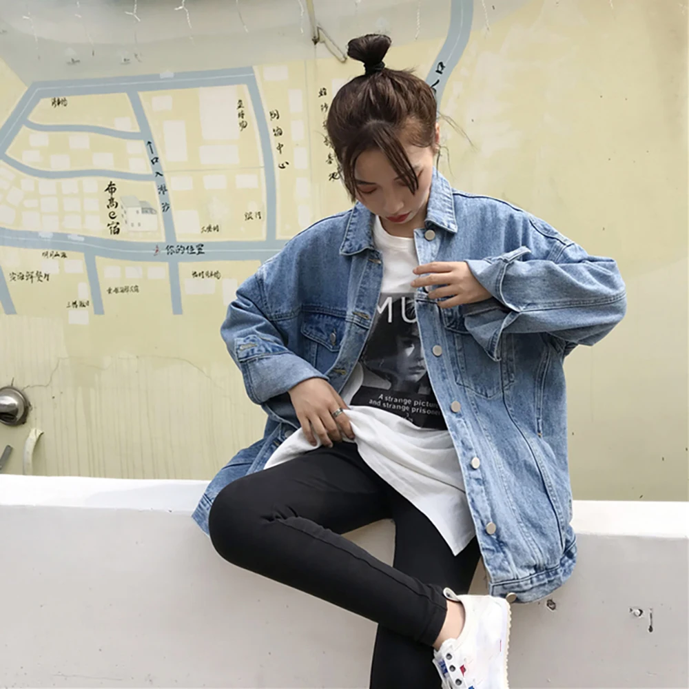 Женская джинсовая куртка оверсайз Повседневная Свободная из денима с длинным