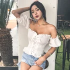 Блузка JSXDHK женская с открытыми плечами, пикантная кружевная блузка с рукавами-фонариками, топ в стиле бохо, эластичная пляжная рубашка, лето 2019