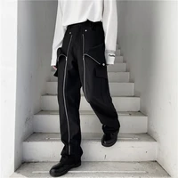 designer style dark black japanese harajuku style zipper decoration casual pants mens large pocket overalls detachable trousers