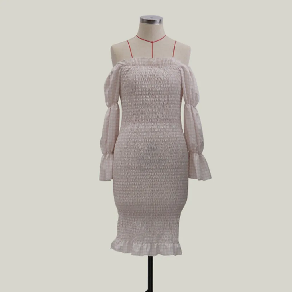 2020 New dress Autumn Long Sleeve Slash Neck Dresses Women Ruffles Bodycon Midi Lady Slim Pleated Casual Clothing #3 | Женская одежда