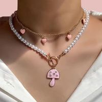 flatfoosie multi layered pink enamel mushroom heart necklace for women trendy pearl chain ot buckle choker necklace jewelry gift