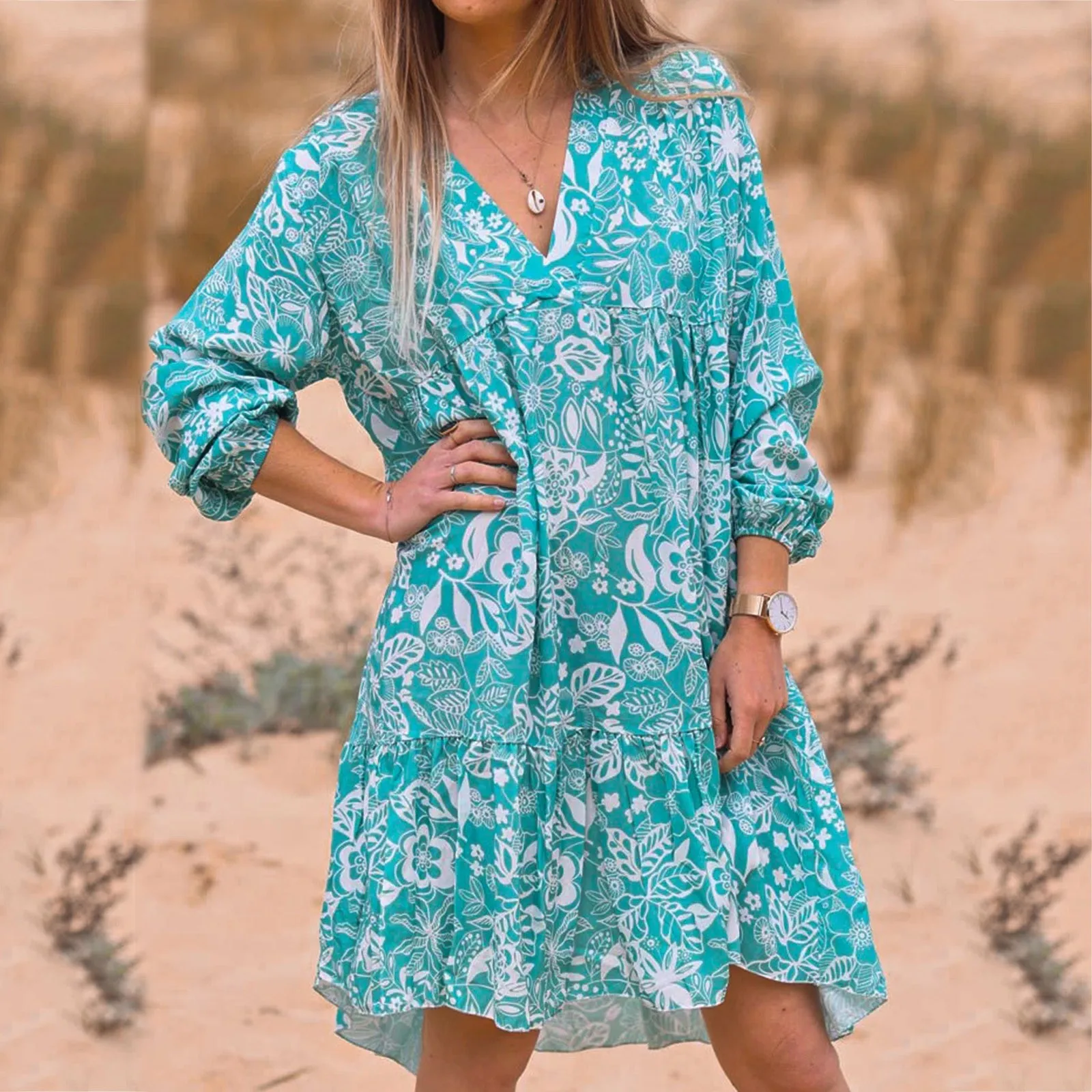 

Casual Women's Long Sleeve Floral Print Green Loose Mini Dress Elegant V-Neck Spring Autumn Party Dress Cottagecore Vestidos