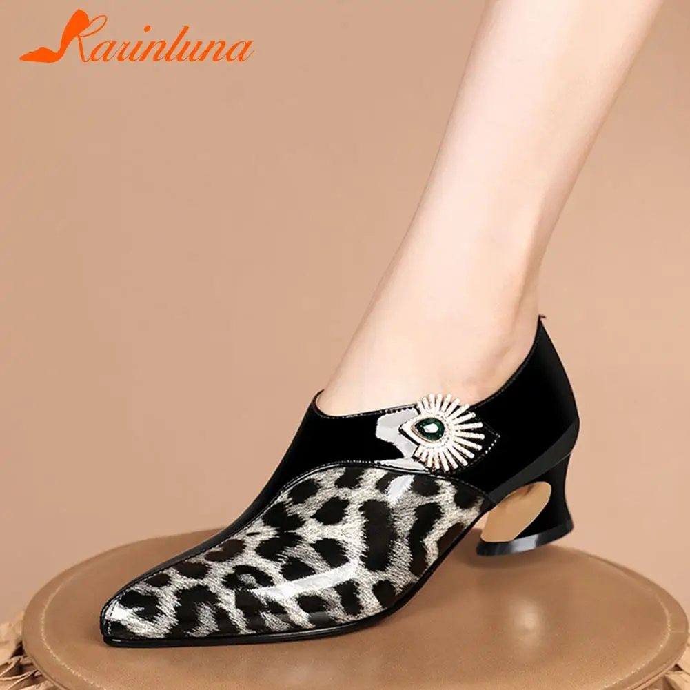 

Karinluna Fashion New Arrival Top Quality Female Pointed Toe Pumps Slip-On Leopard Hoof Heels Pumps Women Party Footwear Woman