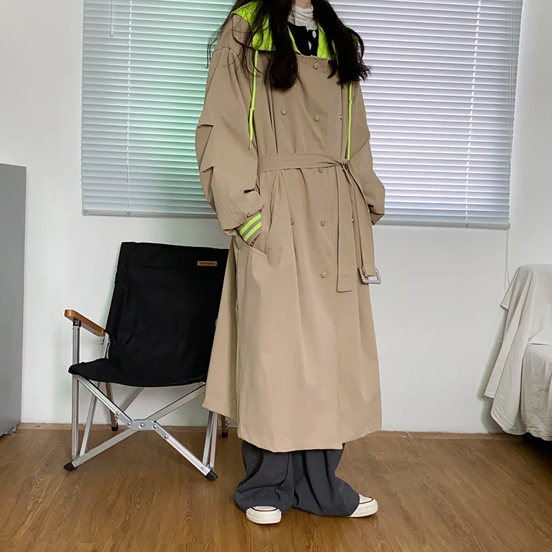 

Fake 2 Piece Splicing Design Long Sleeve Women Windbreaker 1 Trench Coat Outwear Belt Queen Autumn Clothing 2021