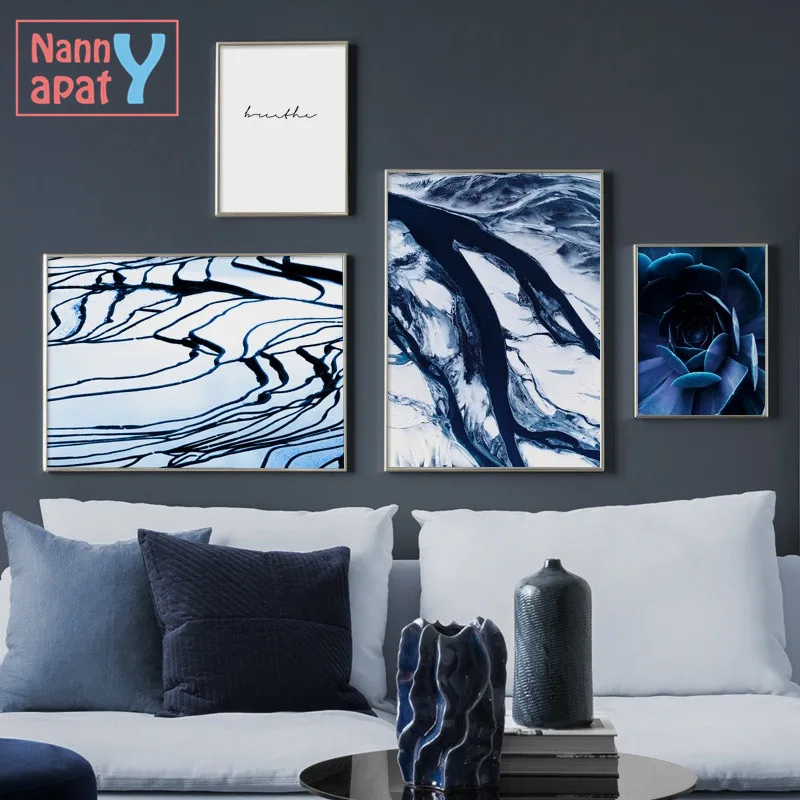 

Modern Art Printed Canvas Painting Blue Marble Texture Succulent Plants Nordic Poster Wall Picture Living Room Home Decoration