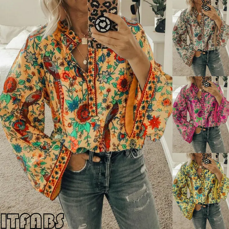 Новинка 2019 популярная винтажная Женская осенне летняя блуза с v образным вырезом