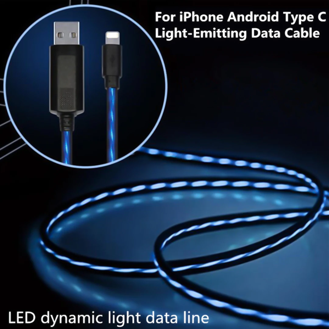 1 м струящийся светящийся зарядный USB кабель для передачи данных type C Micro USB светодиодный светящийся Шнур для iPhone Xiaomi huawei Быстрая зарядка яркий Кабо