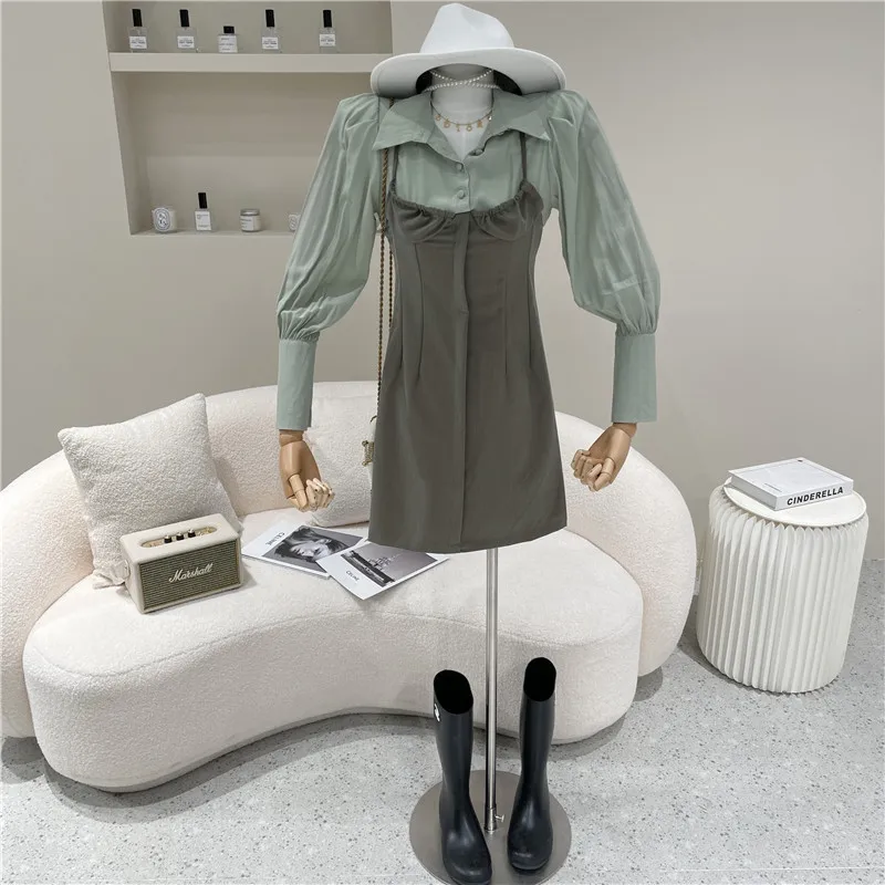 

Women's Spring Summer 2021 Fashion Fake two pieces Shirt sling splicing dress Bubble sleeve pleated Dress