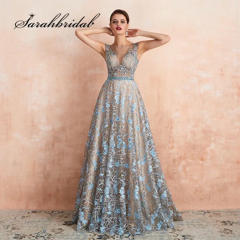 

New Luxury Evening Dresses Long Arabic Dubai Champagne Blue Party Gowns Women Illusion Beads Sleeveless Robe De Soiree SQS67360