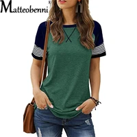 2021 women summer new loose o neck casual solid color t shirt stitching short sleeve tees patchwork striped sleeve pullover tops