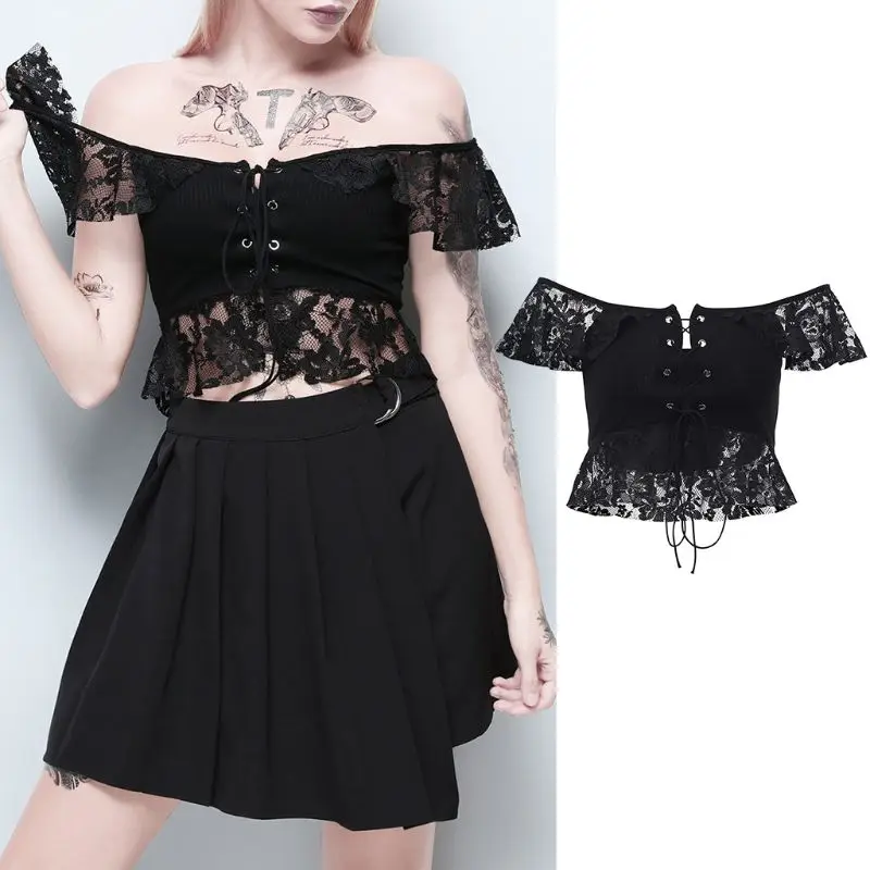 

Women Vintage Punk Crop Top Off Shoulder Bandage Shirt Floral Lace Knit Clubwear R58B