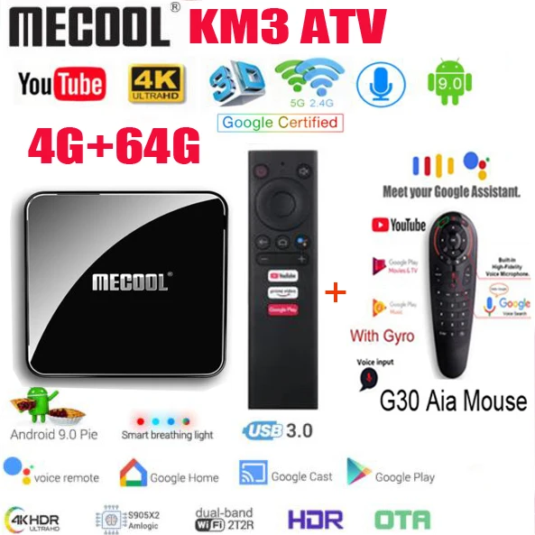 ТВ-приставка MECOOL KM3 A 4 + 64 ГБ Amlogic S905X2 4K 9 0 ГГц bluetooth 2 | Электроника