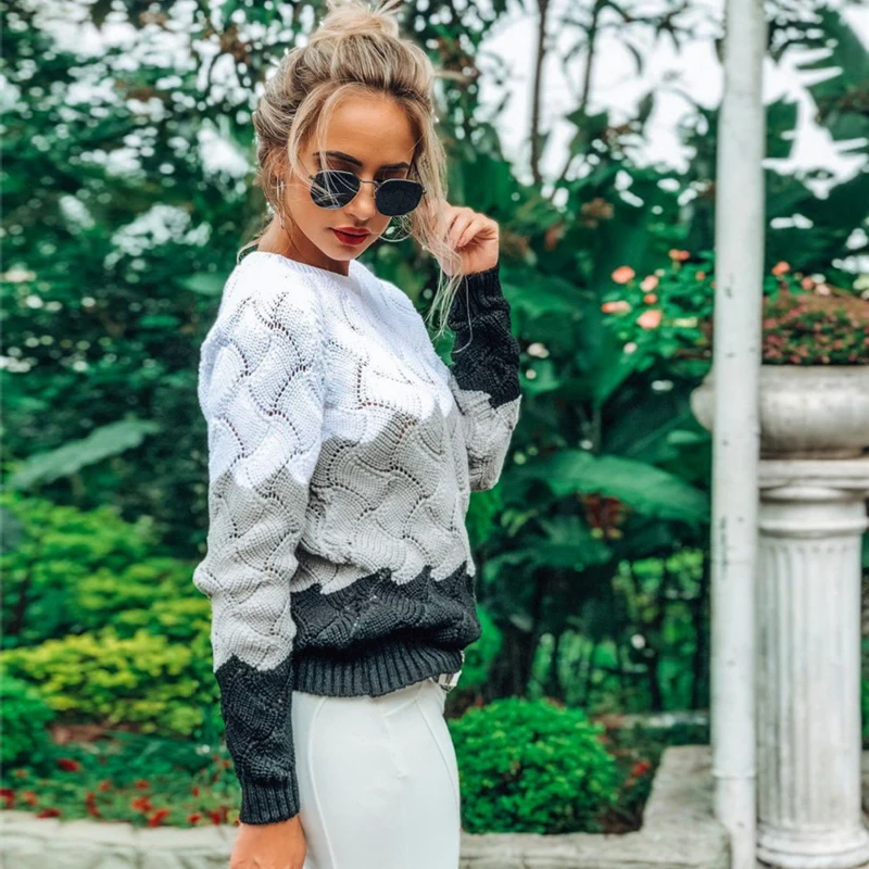 2019 Women Winter Long Sleeve Crewneck Knitted Pullover Sweater Vintage Splice Autumn Ladies Jumper Mit Streifen | Женская одежда