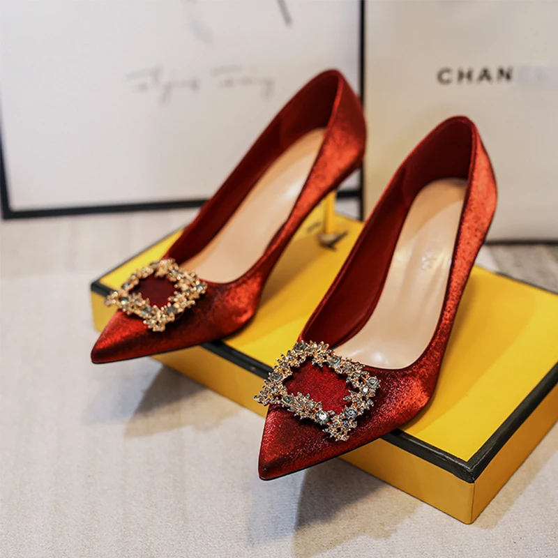 

Women Pumps Luxury Elegant Fashion Pointed Toe Rhinestone Decor Wedding Party Thin Heel Brand Designer Women High Heels