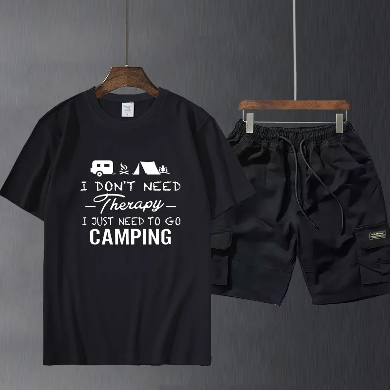 

Men's short sleeve suit pants Camping Therapy T-Shirt Cotton Camper Tent Caravan Campsite Tops Fashion Short Sleeve T shirt