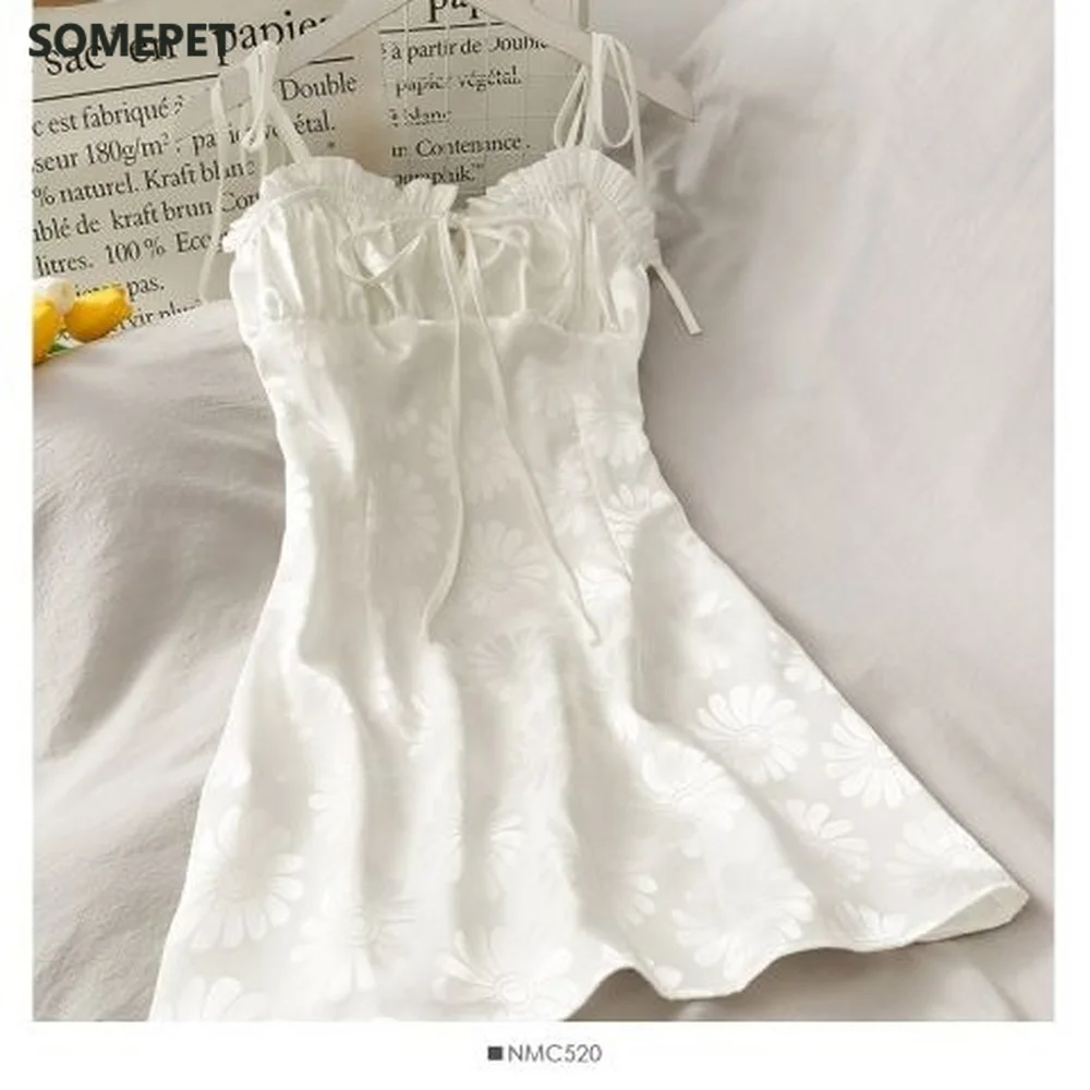 

French sling dress lace pleated slim short skirt daisy jacquard fairy high waist and thin temperament fairy skirt