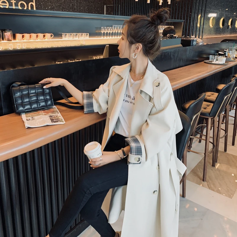 

Женская ветровка, верхняя одежда, весна-осень, одежда, новинка, свободное двубортное длинное пальто большого размера