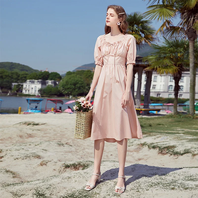 

SHZQ Fashion Square Neck Dress Women's 2021 Summer New Temperament Short Sleeve Medium Long High Waist Thin Pink Skirt