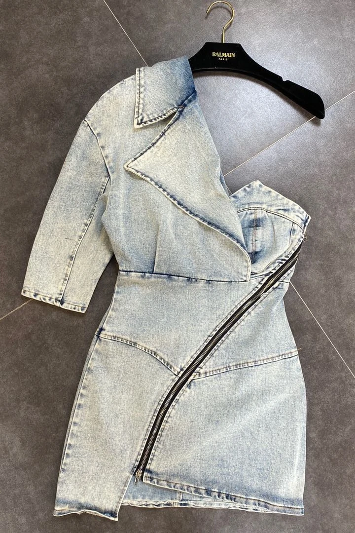 

2020 Summer Autumn One Shoulder Short Sleeve Turn Down Collar Light Blue Zipper Irregular Mini Dress Women K209